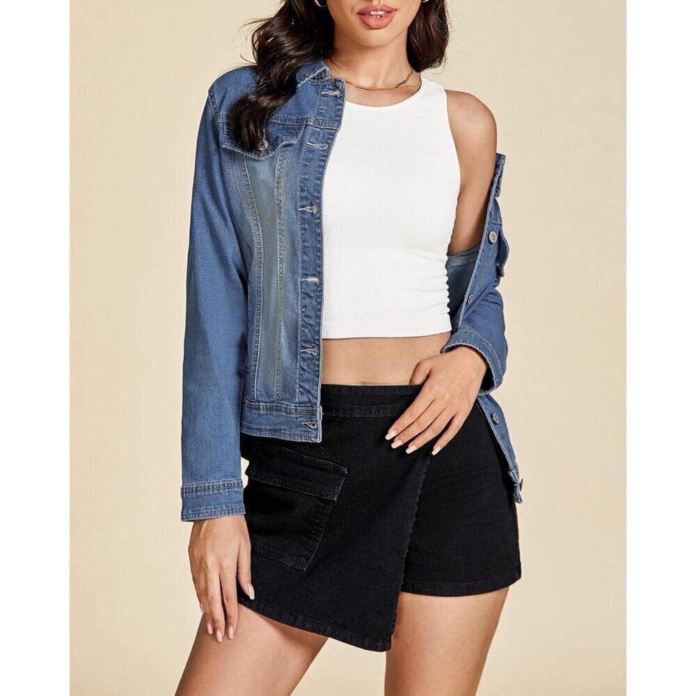 Women's Basic Long Sleeves Button Down Fitted Denim Jean Jacket Vintage Blue - Picture 3 of 9